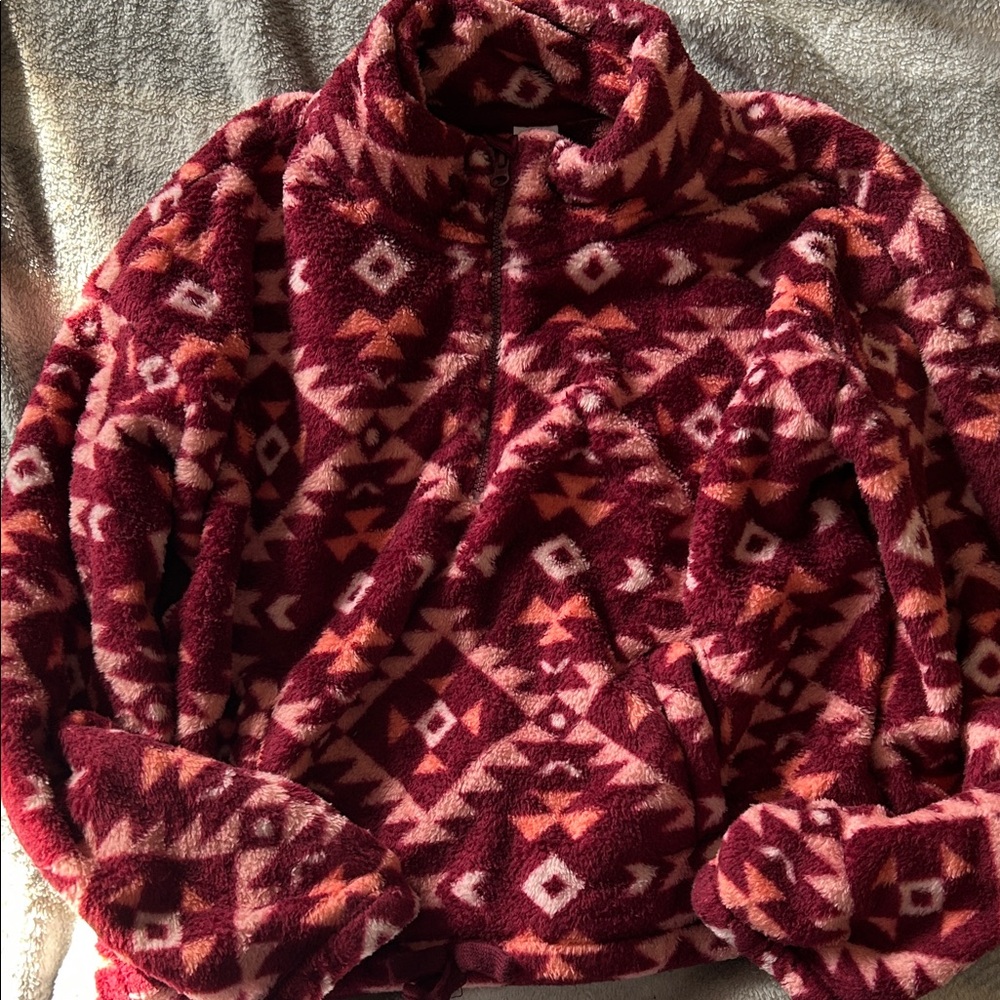 Old Navy Maroon and Pink Patterned Turtleneck Sweater